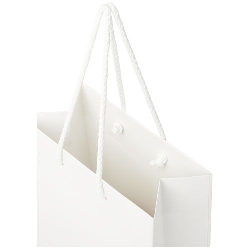 Bolsa de papel integra 170 g/m2 hecha a mano con asas de plástico, mediana