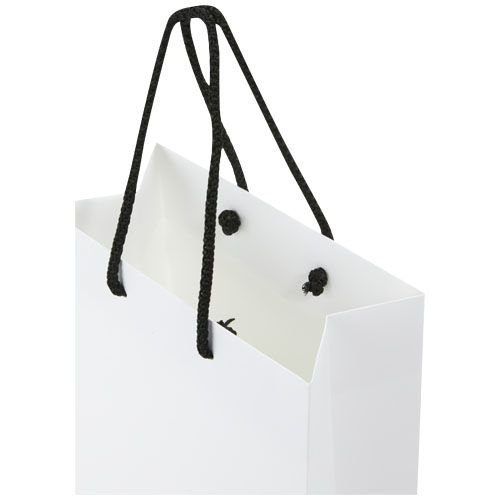 Bolsa de papel integra 170 g/m2 hecha a mano con asas de plástico, mediana