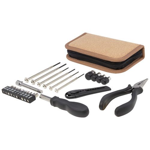 natural Set de herramientas de plástico reciclado con certificación RCS de 24 piezas con funda de corcho