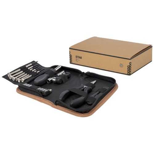 natural Set de herramientas de plástico reciclado con certificación RCS de 24 piezas con funda de corcho