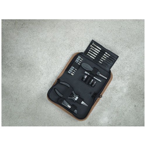 natural Set de herramientas de plástico reciclado con certificación RCS de 24 piezas con funda de corcho