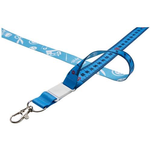 azul claro/blanco Isla lanyard de 1 metro en PET reciclado con sublimación con cierre de seguridad