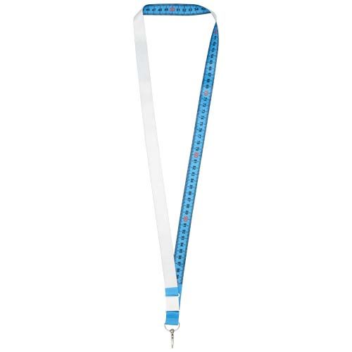 azul claro/blanco Isla lanyard de 1 metro en PET reciclado con sublimación con cierre de seguridad