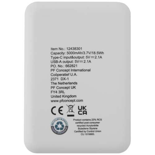 white Batería externa tipo C de plástico reciclado de 5000 mAh