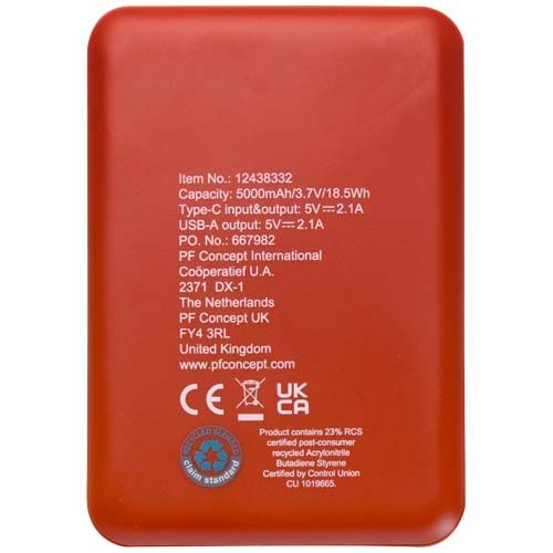 rojo de ladrillo Batería externa tipo C de plástico reciclado de 5000 mAh