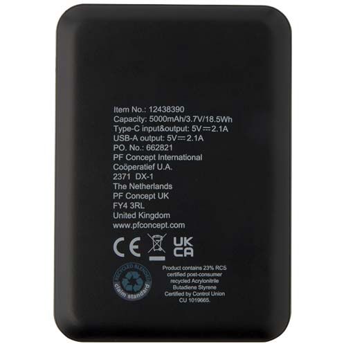 black Batería externa tipo C de plástico reciclado de 5000 mAh