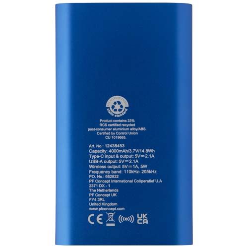 Batería externa inalámbrica tipo C de aluminio reciclado de 4000 mAh 