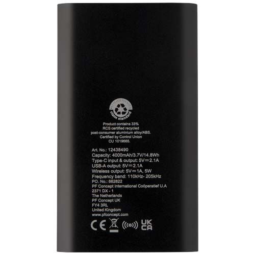 Batería externa inalámbrica tipo C de aluminio reciclado de 4000 mAh 