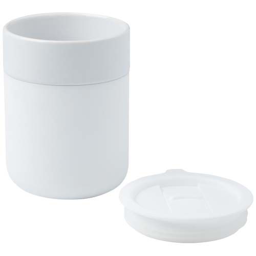 white Vaso de cerámica de 330 ml con agarradero de silicona y tapa de plástico