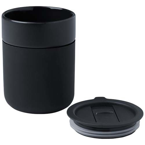 Vaso de cerámica de 330 ml con agarradero de silicona y tapa de plástico 