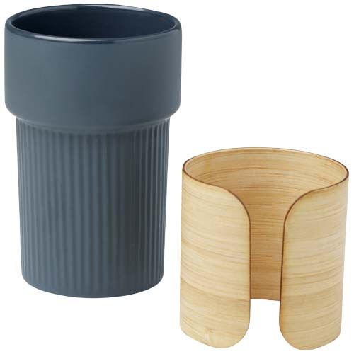 azul oscuro Vaso de 340 ml con funda de bambú