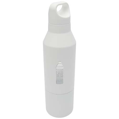 white Botella isotérmica de acero inoxidable reciclado de 600 ml con certificado RCS y vaso de 300 ml