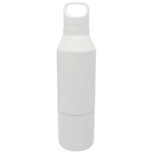 white Botella isotérmica de acero inoxidable reciclado de 600 ml con certificado RCS y vaso de 300 ml