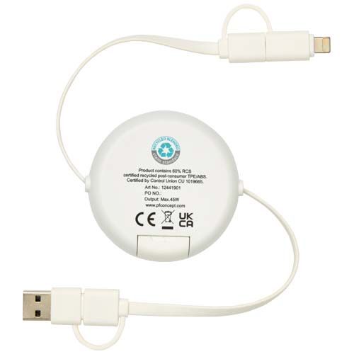 white Cable retráctil 5 en 1 de plástico reciclado de 100 cm para sincronización de datos y carga rápida de 45 W con detalles de bambú