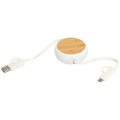 white Cable retráctil 5 en 1 de plástico reciclado de 100 cm para sincronización de datos y carga rápida de 45 W con detalles de bambú