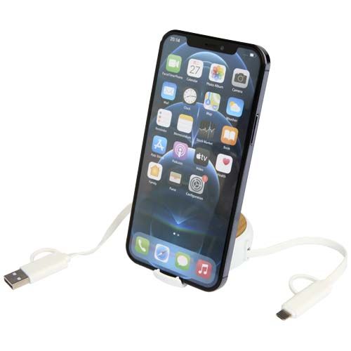 white Cable retráctil 5 en 1 de plástico reciclado de 100 cm para sincronización de datos y carga rápida de 45 W con detalles de bambú