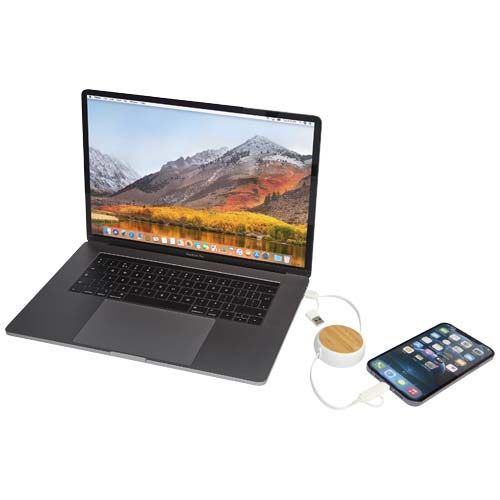 white Cable retráctil 5 en 1 de plástico reciclado de 100 cm para sincronización de datos y carga rápida de 45 W con detalles de bambú