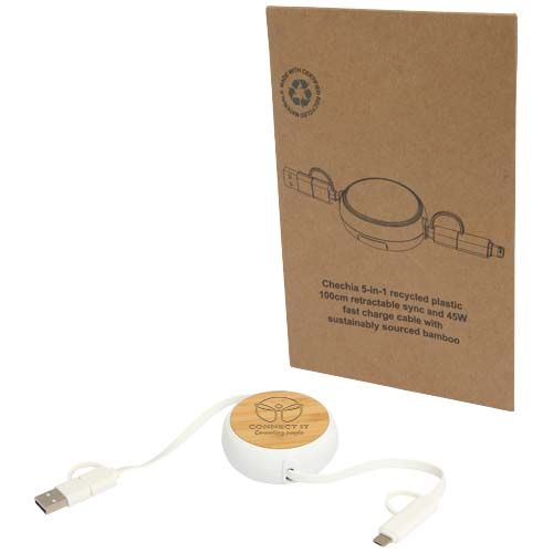 white Cable retráctil 5 en 1 de plástico reciclado de 100 cm para sincronización de datos y carga rápida de 45 W con detalles de bambú