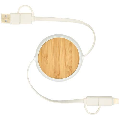 white Cable retráctil 5 en 1 de plástico reciclado de 100 cm para sincronización de datos y carga rápida de 45 W con detalles de bambú