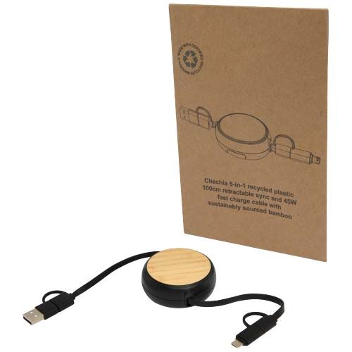 CABLE RETRÁCTIL 5 EN 1 DE PLÁSTICO RECICLADO DE 100 CM PARA SINCRONIZACIÓN DE DATOS Y CARGA RÁPIDA DE 45 W CON DETALLES DE BAMBÚ 