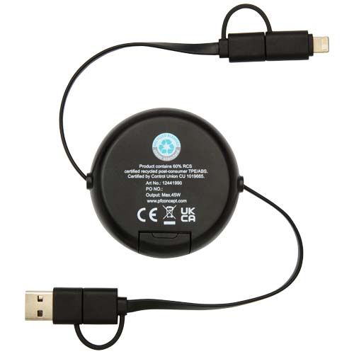 black Cable retráctil 5 en 1 de plástico reciclado de 100 cm para sincronización de datos y carga rápida de 45 W con detalles de bambú