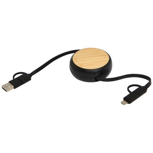 black Cable retráctil 5 en 1 de plástico reciclado de 100 cm para sincronización de datos y carga rápida de 45 W con detalles de bambú