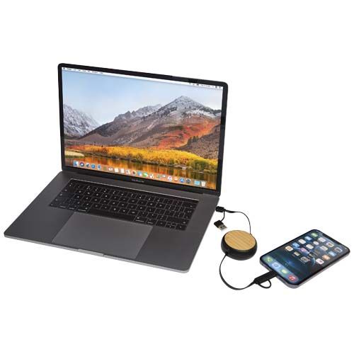 Cable retráctil 5 en 1 de plástico reciclado de 100 cm para sincronización de datos y carga rápida de 45 W con detalles de bambú 