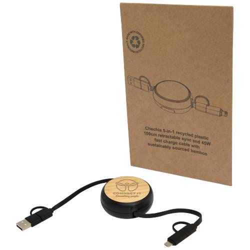 black Cable retráctil 5 en 1 de plástico reciclado de 100 cm para sincronización de datos y carga rápida de 45 W con detalles de bambú