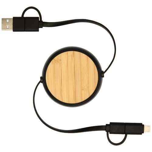black Cable retráctil 5 en 1 de plástico reciclado de 100 cm para sincronización de datos y carga rápida de 45 W con detalles de bambú