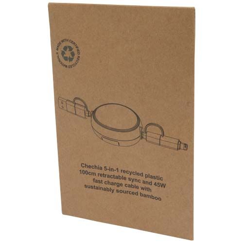 black Cable retráctil 5 en 1 de plástico reciclado de 100 cm para sincronización de datos y carga rápida de 45 W con detalles de bambú