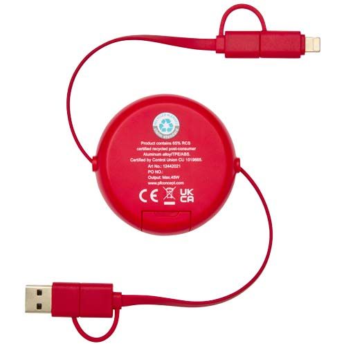 red Cable retráctil 5 en 1 de 100 cm de plástico reciclado y aluminio para sincronización de datos y carga rápida de 45 W