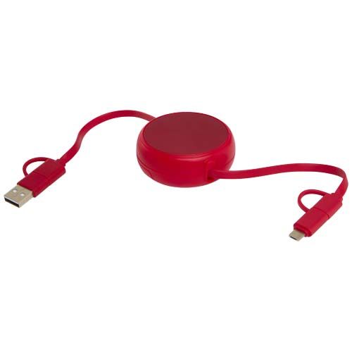 red Cable retráctil 5 en 1 de 100 cm de plástico reciclado y aluminio para sincronización de datos y carga rápida de 45 W