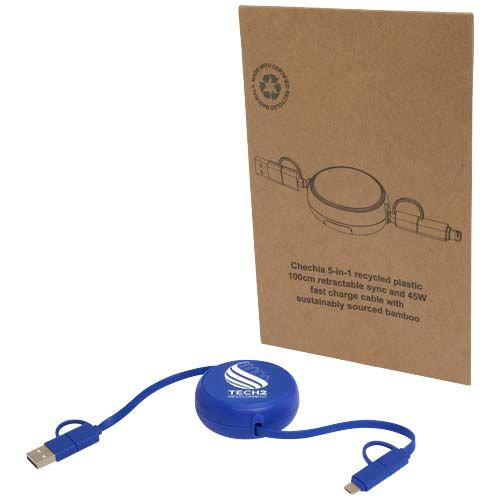 azulón Cable retráctil 5 en 1 de 100 cm de plástico reciclado y aluminio para sincronización de datos y carga rápida de 45 W