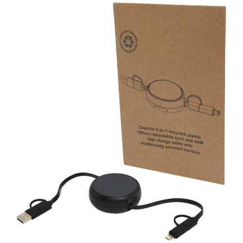 CABLE RETRÁCTIL 5 EN 1 DE 100 CM DE PLÁSTICO RECICLADO Y ALUMINIO PARA SINCRONIZACIÓN DE DATOS Y CARGA RÁPIDA DE 45 W 
