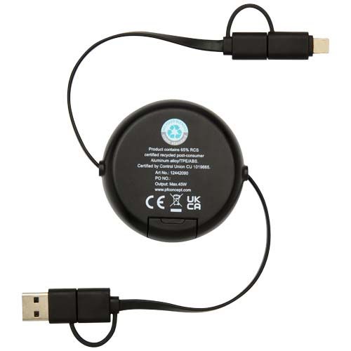 black Cable retráctil 5 en 1 de 100 cm de plástico reciclado y aluminio para sincronización de datos y carga rápida de 45 W