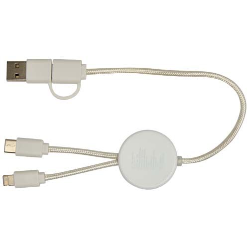white Cable 5 en 1 de plástico reciclado de 30 cm para sincronización de datos y carga rápida de 27 W con detalles de bambú