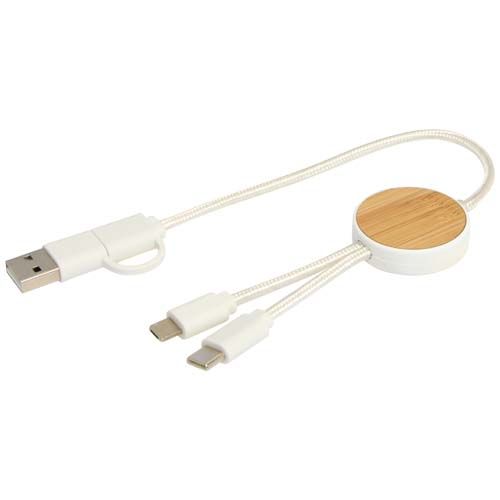 white Cable 5 en 1 de plástico reciclado de 30 cm para sincronización de datos y carga rápida de 27 W con detalles de bambú