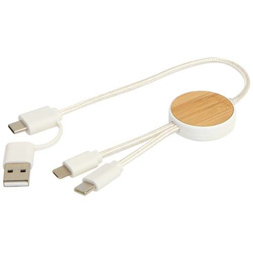 white Cable 5 en 1 de plástico reciclado de 30 cm para sincronización de datos y carga rápida de 27 W con detalles de bambú