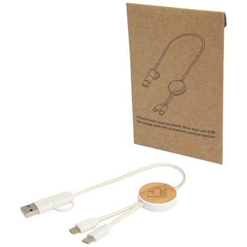 Cable 5 en 1 de plástico reciclado de 30 cm para sincronización de datos y carga rápida de 27 W con detalles de bambú 