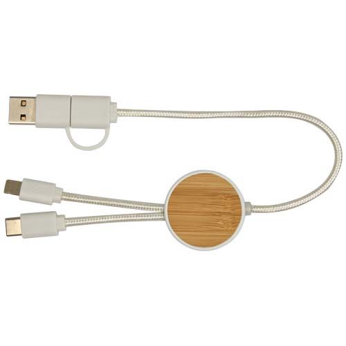 white Cable 5 en 1 de plástico reciclado de 30 cm para sincronización de datos y carga rápida de 27 W con detalles de bambú