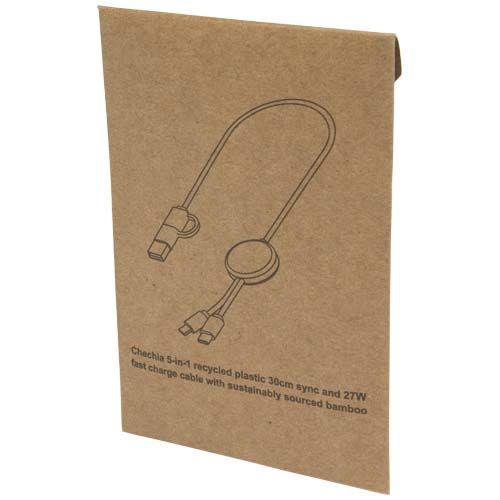 white Cable 5 en 1 de plástico reciclado de 30 cm para sincronización de datos y carga rápida de 27 W con detalles de bambú