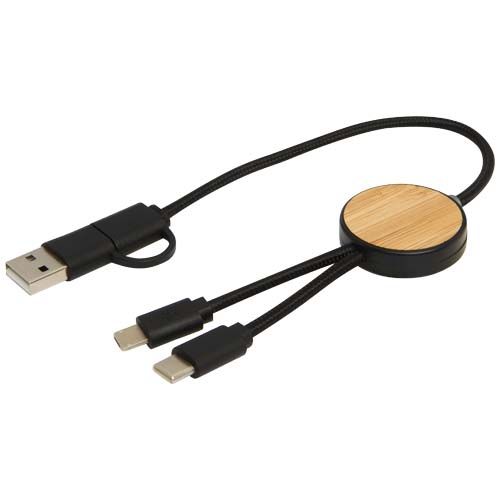 black Cable 5 en 1 de plástico reciclado de 30 cm para sincronización de datos y carga rápida de 27 W con detalles de bambú