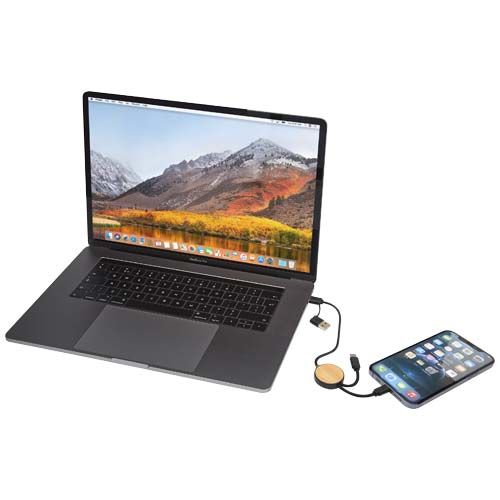 black Cable 5 en 1 de plástico reciclado de 30 cm para sincronización de datos y carga rápida de 27 W con detalles de bambú