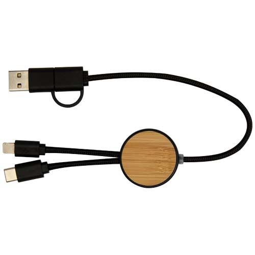 black Cable 5 en 1 de plástico reciclado de 30 cm para sincronización de datos y carga rápida de 27 W con detalles de bambú