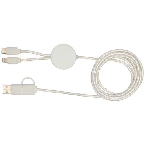 white Cable 5 en 1 de plástico reciclado de 150 cm para sincronización de datos y carga rápida de 27 W con detalles de bambú