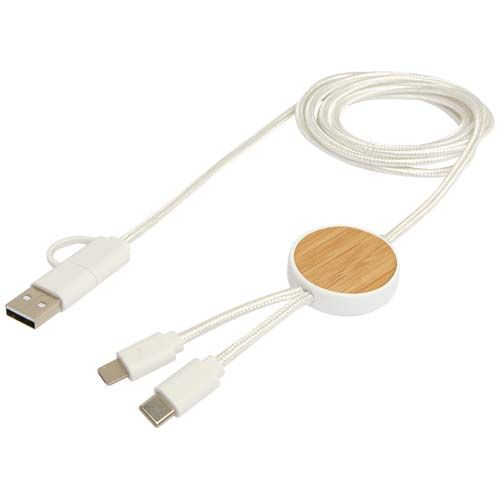 white Cable 5 en 1 de plástico reciclado de 150 cm para sincronización de datos y carga rápida de 27 W con detalles de bambú