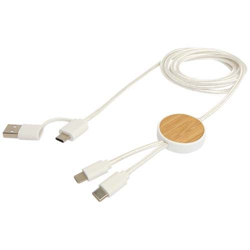 white Cable 5 en 1 de plástico reciclado de 150 cm para sincronización de datos y carga rápida de 27 W con detalles de bambú