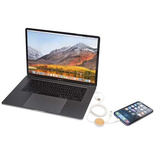 Cable 5 en 1 de plástico reciclado de 150 cm para sincronización de datos y carga rápida de 27 W con detalles de bambú 