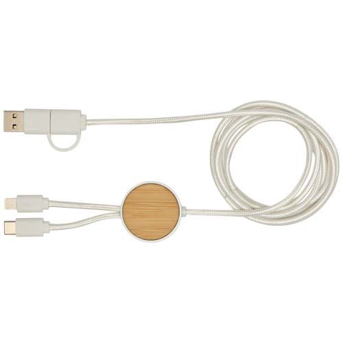 white Cable 5 en 1 de plástico reciclado de 150 cm para sincronización de datos y carga rápida de 27 W con detalles de bambú