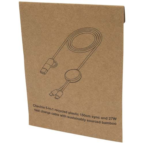 white Cable 5 en 1 de plástico reciclado de 150 cm para sincronización de datos y carga rápida de 27 W con detalles de bambú